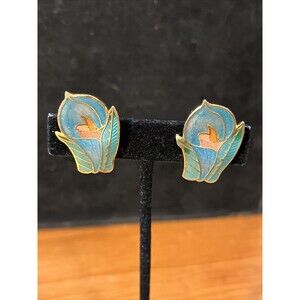 Vintage Gold tone Cloisonné Enamel Flower Clip on Earrings